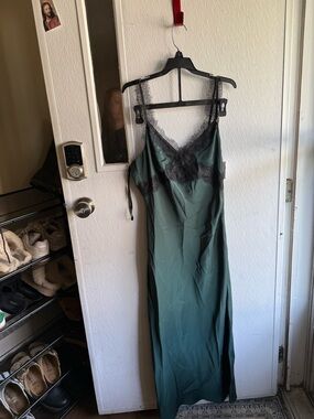 MINKPINK Emerald Green Slip Dress with Black Lace Trim